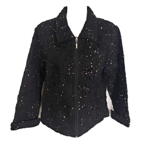 Great Cavalier by St.Paul Womens Jacket Small Floral Full Zip Black Gold Polka - Picture 1 of 8